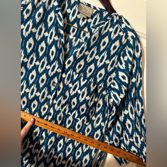 MAEVE Anthropologie Blue XS 3/4 Roll Tab Sleeve Ikat HiLo Belt V Neck Shirtdress - Picture 14 of 16
